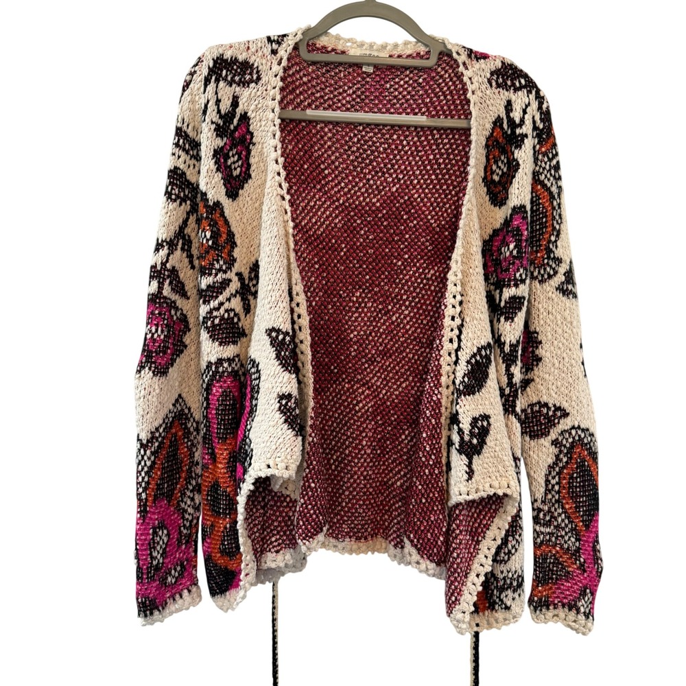 Umgee Womens Floral Paisley Knit Cardigan Sweater Pink Orange Pom Pom boho small - Picture 3 of 11